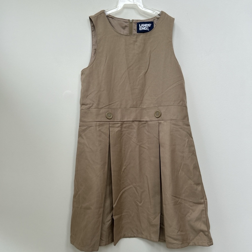 Lands' End school uniform khaki tan pleated jumper dress